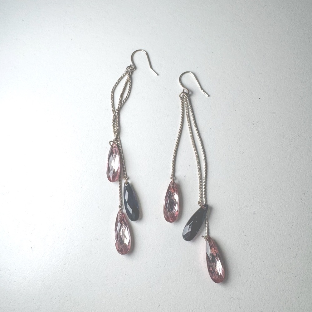 dangly earrings, stones, silver/pink/black